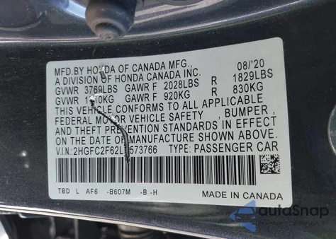 2020 Honda Civic Lx from USA, damaged, VIN 2HGFC2F62LH573766
